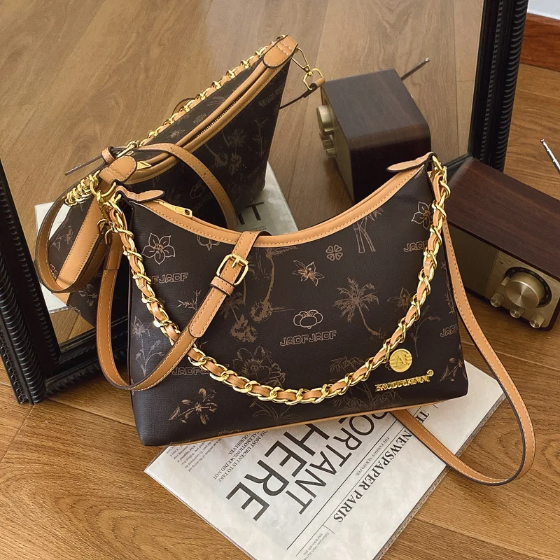 

2025 Luxury Monogram Crescent Bag with Chain Strap Adjustable Crossbody Shoulder Purse, Chic Top Handle Day-to-Night Essentials