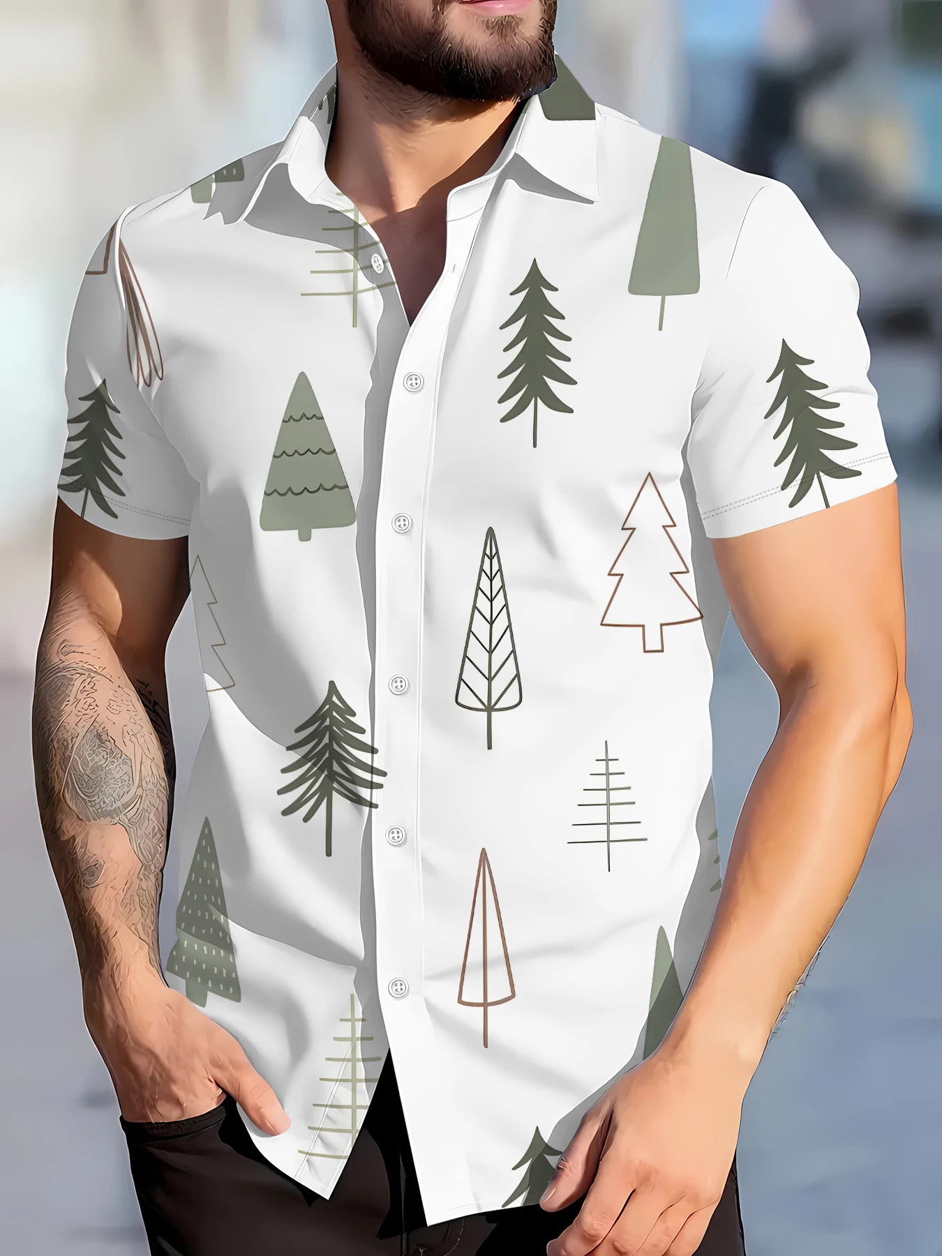 2026 Summer New Style Men's Short-Sleeved Shirt with 3D Tiny Tree Pattern Print for Street Casual Fashion Comfortable and Soft