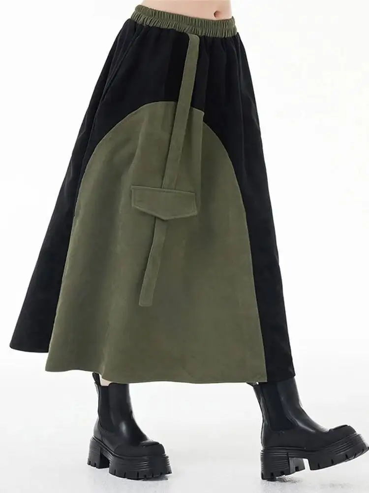 Waist High Elastic Color-block Asymmetric Green A-line Half-body Skirt Women Fashion  New Spring Autumn 2026 QA1O