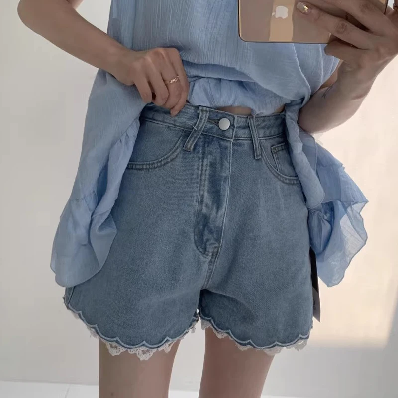 Celana Jeans Ort Kaki Lebar Pinggang Tinggi Wanita Musim Panas Baru Sle Renda Dipangkas Patchwork Denim Ort Celana Pelangsing Pakaian Kasual