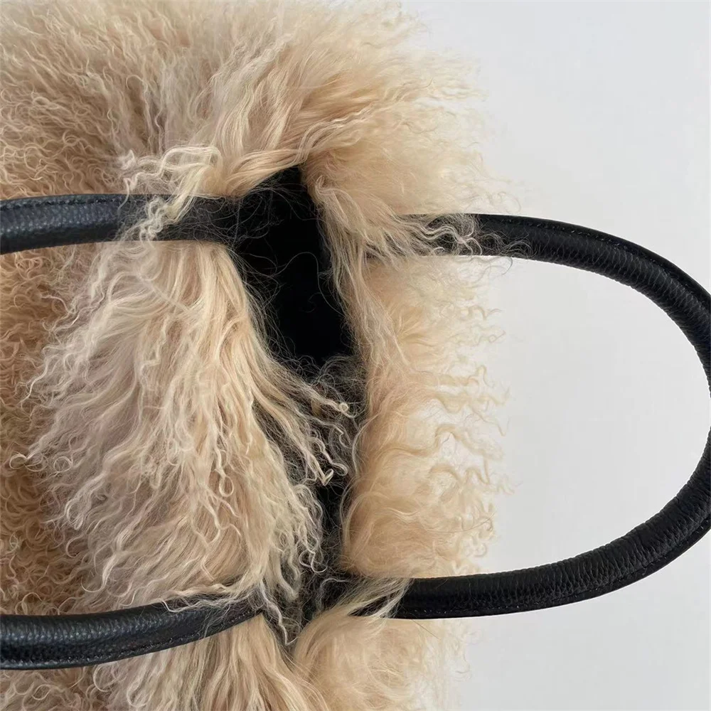 Women’s Genuine Real Mongolian Lamb Fur Bag Luxury Purse Fluffy Curly Fur Shoulder Bag