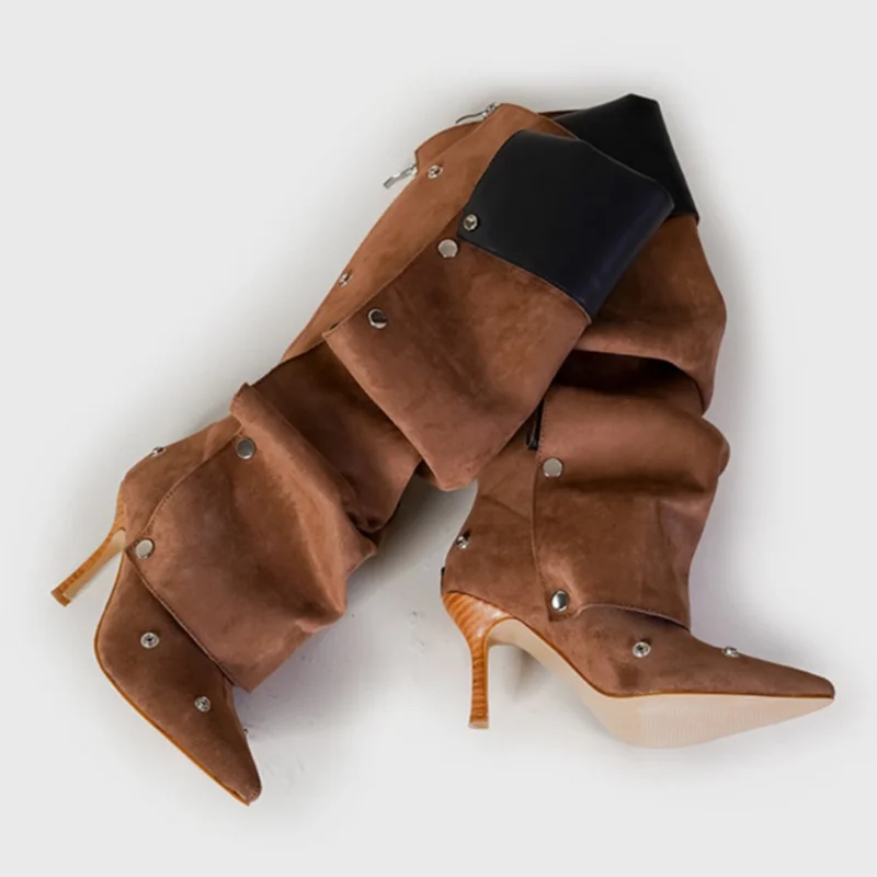 Mode High Heel Spitz Damen Ritter Stiefel Designer Gürtelschnalle Niete Spice Girl Denim Stiefel Weiblich Alle Match Lange Botas