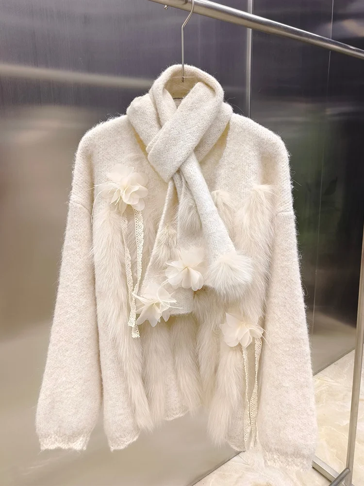 เสื้อคลุมคาร์ดิแกนไหมพรมดีไซน์ขนสุนัขจิ้งจอกแท้สำหรับผู้หญิง ฤดูใบไม้ผลิ ฤดูใบไม้ร่วง ปี 2025 พร้อมผ้าพันคอ แขนยาว เสื้อสเวตเตอร์หรูหราสำหรับผู้หญิง