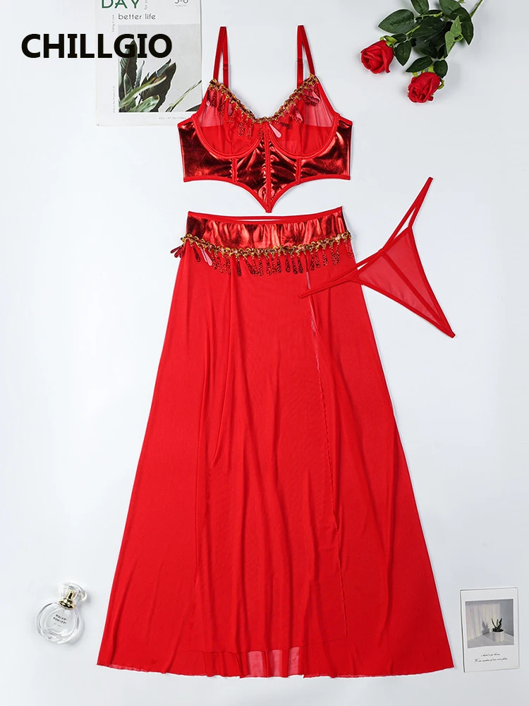 

CHILLGIO Women Sexy Adult Bra Sets Sheer Slit Skirt Tight Underwear Sexy Thongs Exotic Cosplay Party Outfits Erotic Lingerie Set