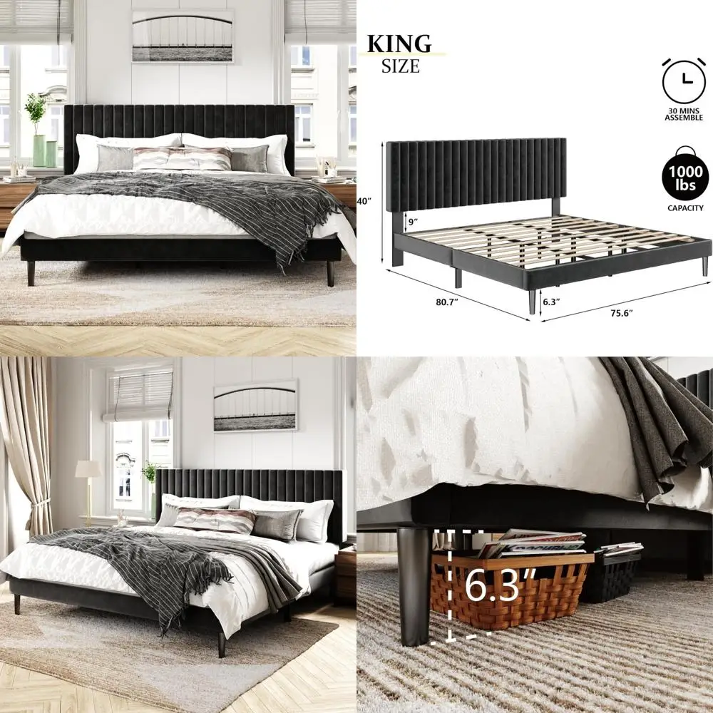 

Luxurious Velvet Headboard King Bed Frame, Sturdy Wooden Slat Platform Base, Mattress Support without Box Spring