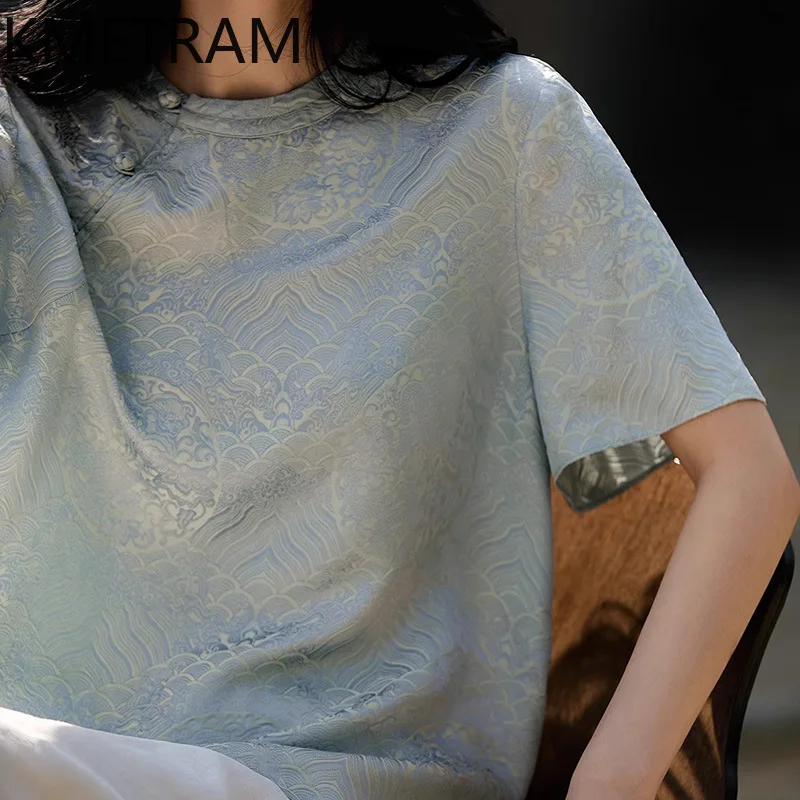 KMETRAM 22MM Natural Silk + Rayon Woman T Shirts Loose Summer Tops for Woman Clothing High Quality Short Sleeve Tops Femme 2025
