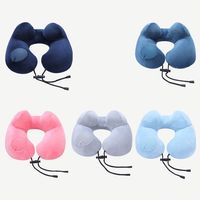 U-Shaped Inflatable Travel Pillow Hand Pressing Foldable Neck Support Cushion with Storage Bag Save Space Neckrest Pad