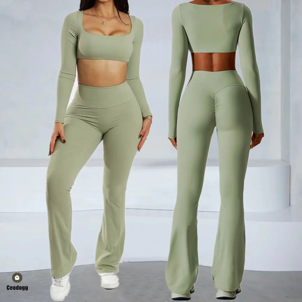 

2PCS Pad Fitness Crop Top Long Sleeve Yoga Set Women Workout Pant Sport Clothes Athletic Gym Flare Legging Active Wear XP111