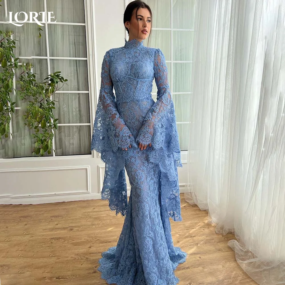 

LORIE Elegant Lace Evening Dresses Bobycon Mermaid Prom Dresses Satin Backless Blue High Collar Clebrity Party Gown Customized