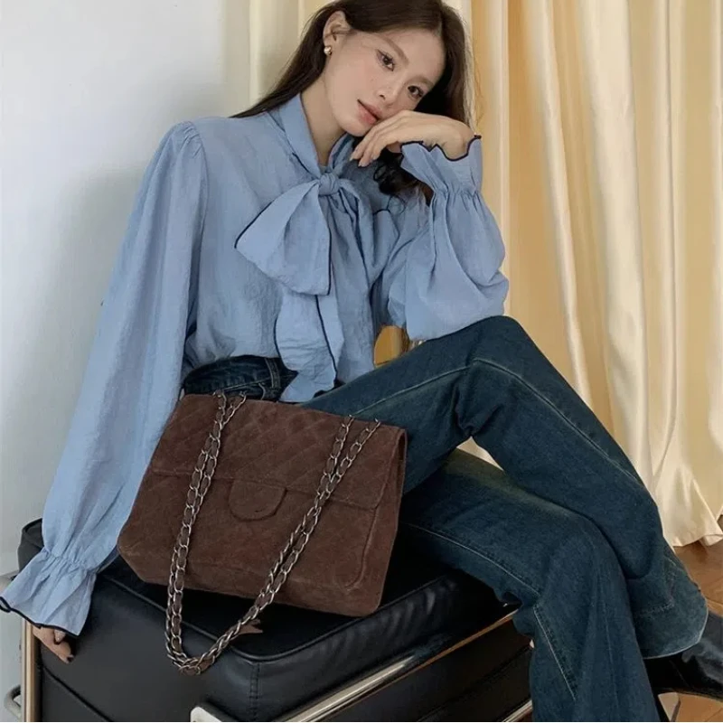 Bubble Sleeve Bow Tie Bottom Shirt for Women\'s Autumn and Winter French Style Interior Shirt Blue Ribbon Design Blouses Shirts