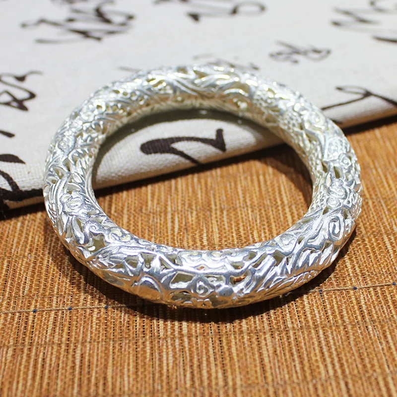 Miao Bracelet, Vintage Plain Silver , Ethnic Style, And Motif, Hollowed-Out Closed Bangle