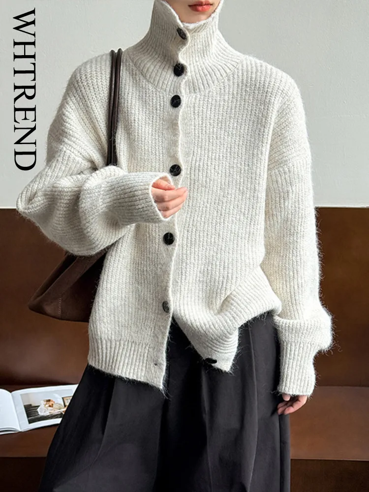 

WHTREND осенний новый модный стильный однобортный свободный универсальный шерстяной вязаный свитер с высоким воротом для женщин WH1740