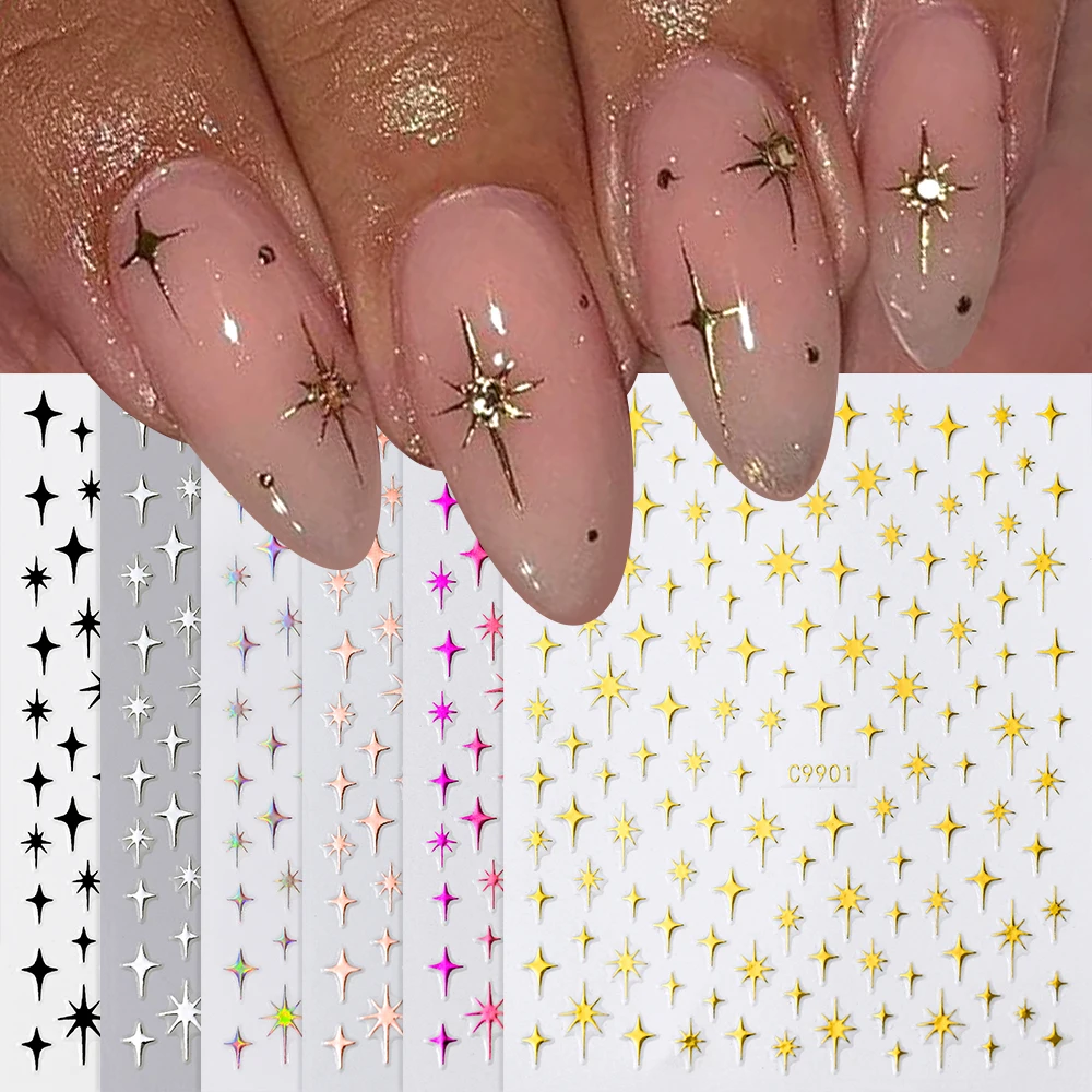 6pcs/Set 3D Aurora Gold Sliver Stars Nail Stickers Bronzing Laser Cross Starlight Glossychic Stylish Y2K Adhesive Manicure Decor