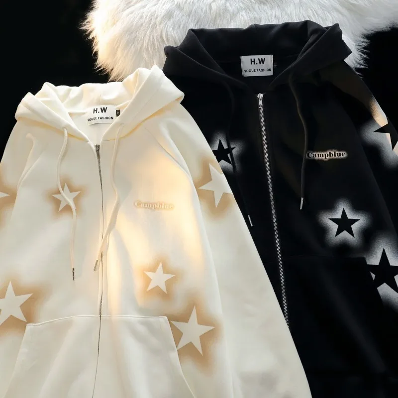 Chaqueta cárdigan con cremallera y estampado de pentagrama americano para chica, Sudadera con capucha de gran tamaño, sudadera holgada coreana con cremallera para parejas, ropa de calle para mujer