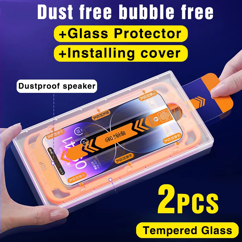 2PCS Dust Free Bubble Free Installation Screen Protector For iPhone 15 14 13 12 11 Pro Max Plus Tempered Glass iPhone XS MAX XR