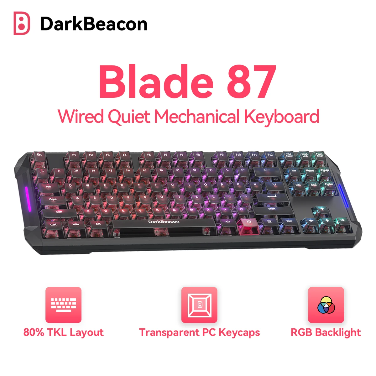 

Механическая игровая клавиатура DarkBeacon Blade 87 RGB с подсветкой, 80% форм-фактор, проводная USB-C, с возможностью горячей замены переключателей, тихие линейные переключатели