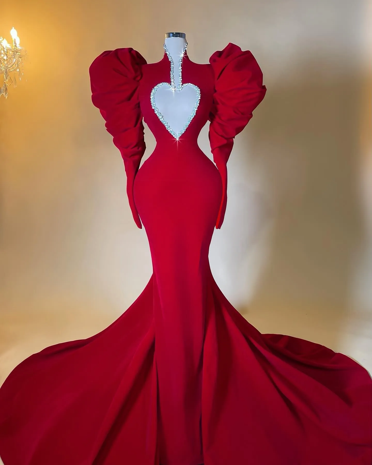 Stunning Red Stretchy Mermaid Evening Dresses With Sweetheart Shape  Puff Sleeves Beaded Sexy Long Evening Gowns Real Image