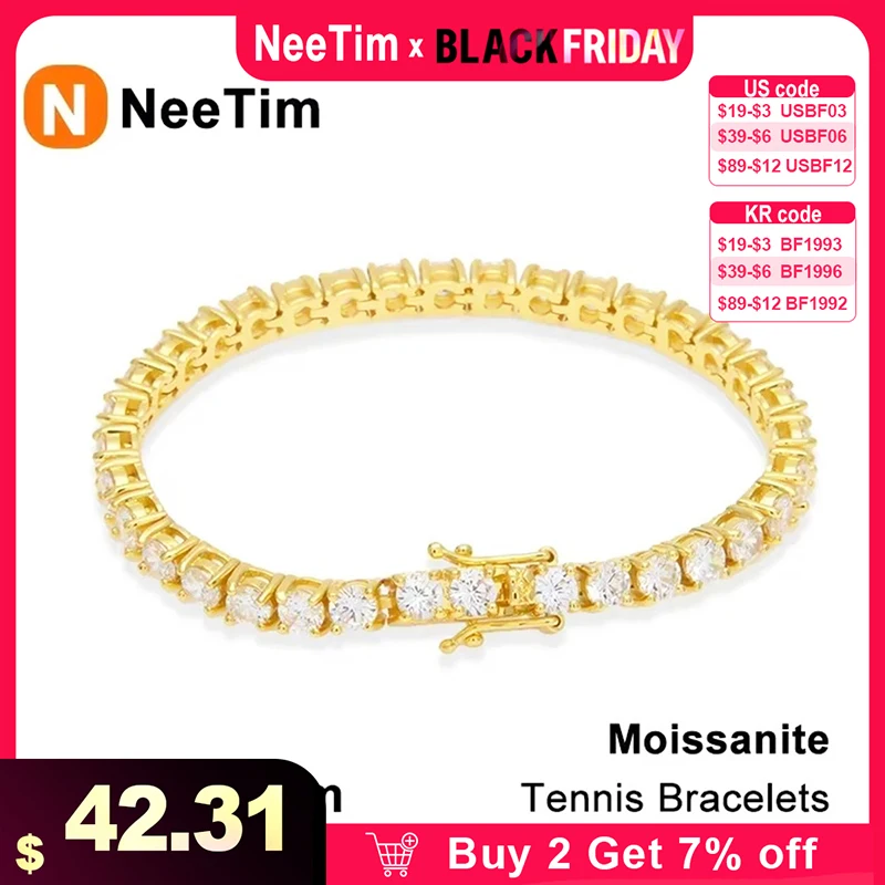 NeeTim 3mm 4mm Moissanite Tennis Bracelet 925 Sterling Silver with White Gold Plated Pass Diamond Tester Bracelets for Women Men