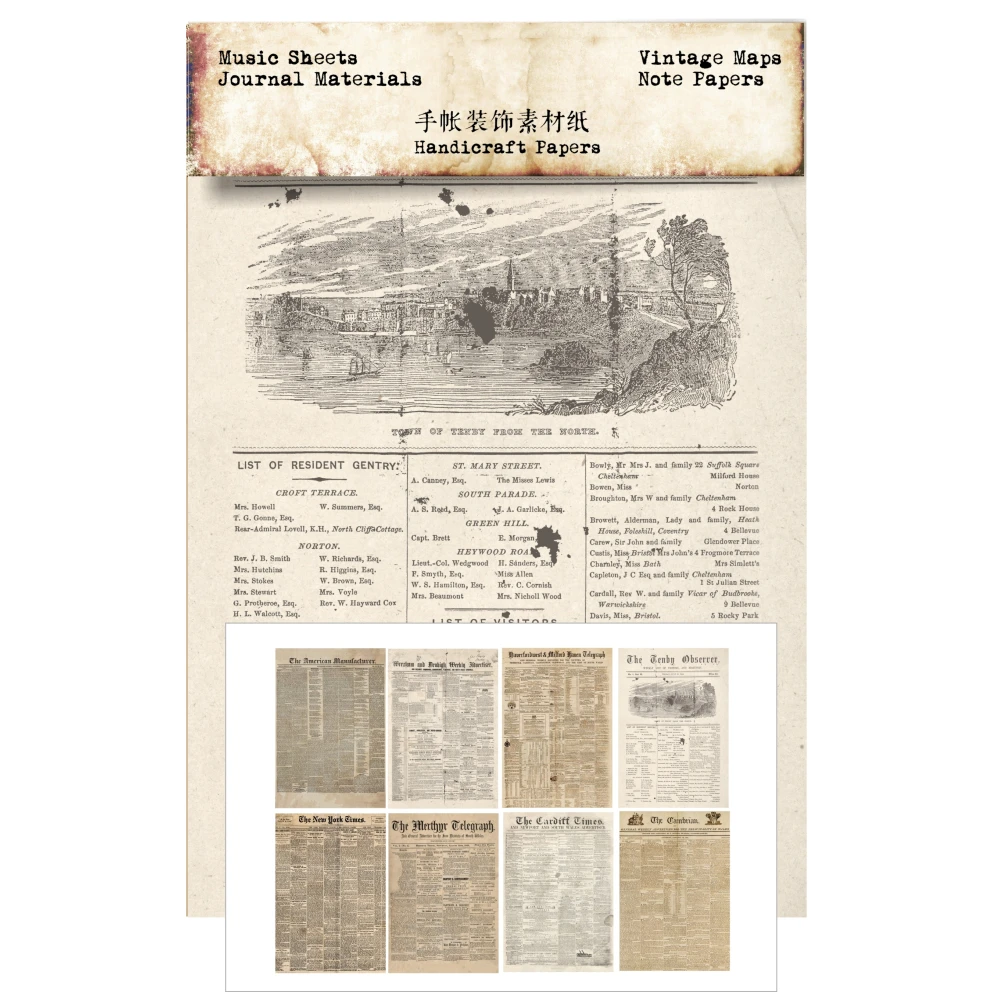 

8Sheets Old Newspaper Posters Material Background Paper Junk Journal Diary Planner Scrapbooking Decorative DIY Craft Paper Photo