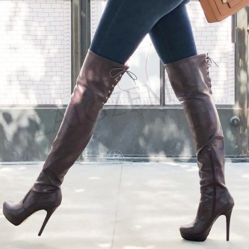 LAIGZEM Thigh High Boots Platform Dark Brown Side Zip High Heeled Boots Over Knee Shoes Botines Mujer Large Size 42 45 48 50 52
