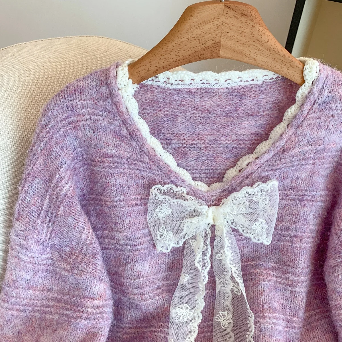 Damen V-Ausschnitt Langarm Casual Pullover mit Spitze Schleife Y2K Französisch Elegant High Street Ästhetische Mode Retro Herbst Winter Top