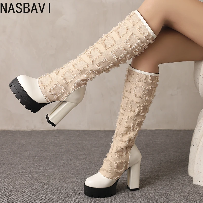 

Большие размеры, сетчатая вышитая ткань с кисточками, сращивание из искусственной кожи на молнии, новые сапоги до колена на платформе, дышащие сапоги до колена на очень толстом каблуке