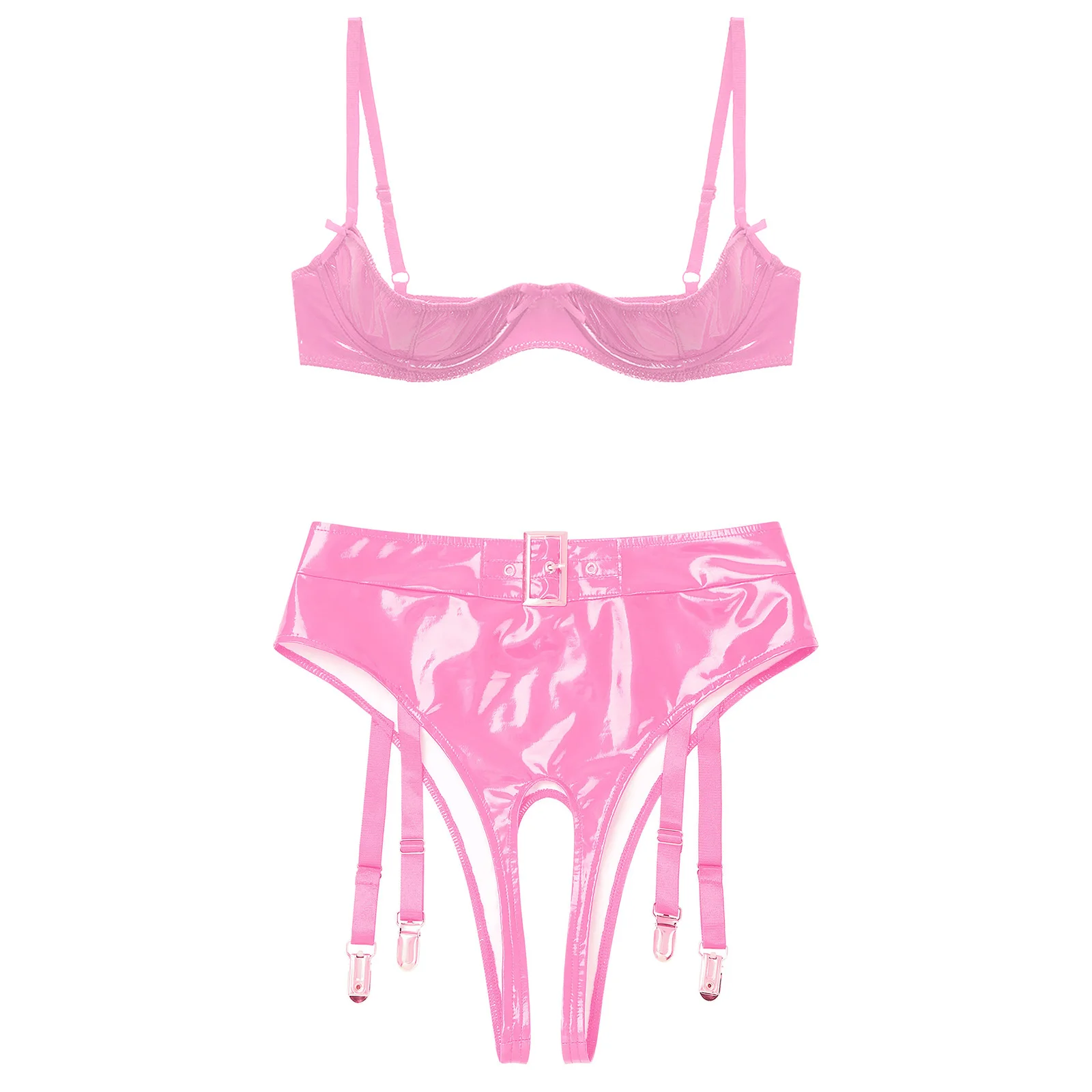 

Womens Exotic Sets Wet Look PU Leather Lingerie Set Exposed Bra Tops and High Waist Underwear with Garter Clips Nightwear Suits