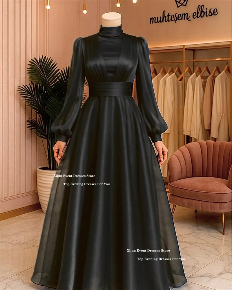 Xijun Modest Organza Long Evening Dresses A-Line Full Sleeves Dubai Prom Dresses High Collar Muslim Formal Prom Gowns Customized