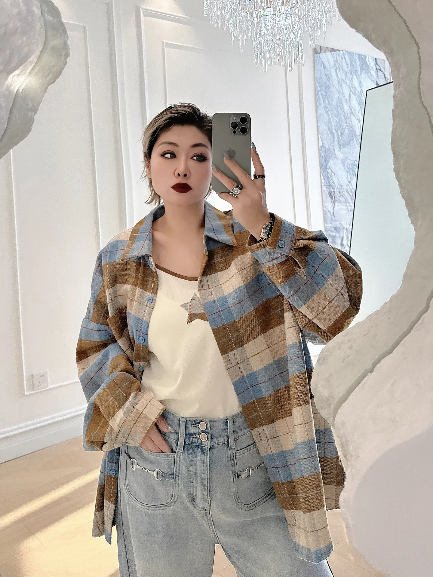 

plus Size American Lazy Sle irt Set for Women over 200 Pou Spring 2026 Faion Plaid Pattern High Waist Long Pants