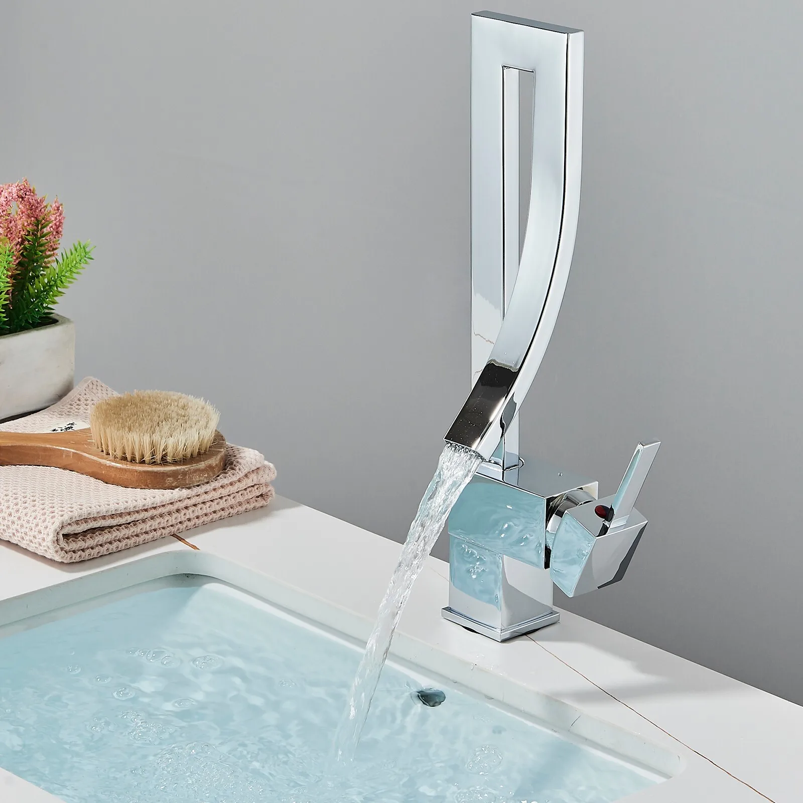 

Chrome Bathroom Sink Faucet 1 Hole Waterfall Vanity Mixer Faucet Taps 1 Handle