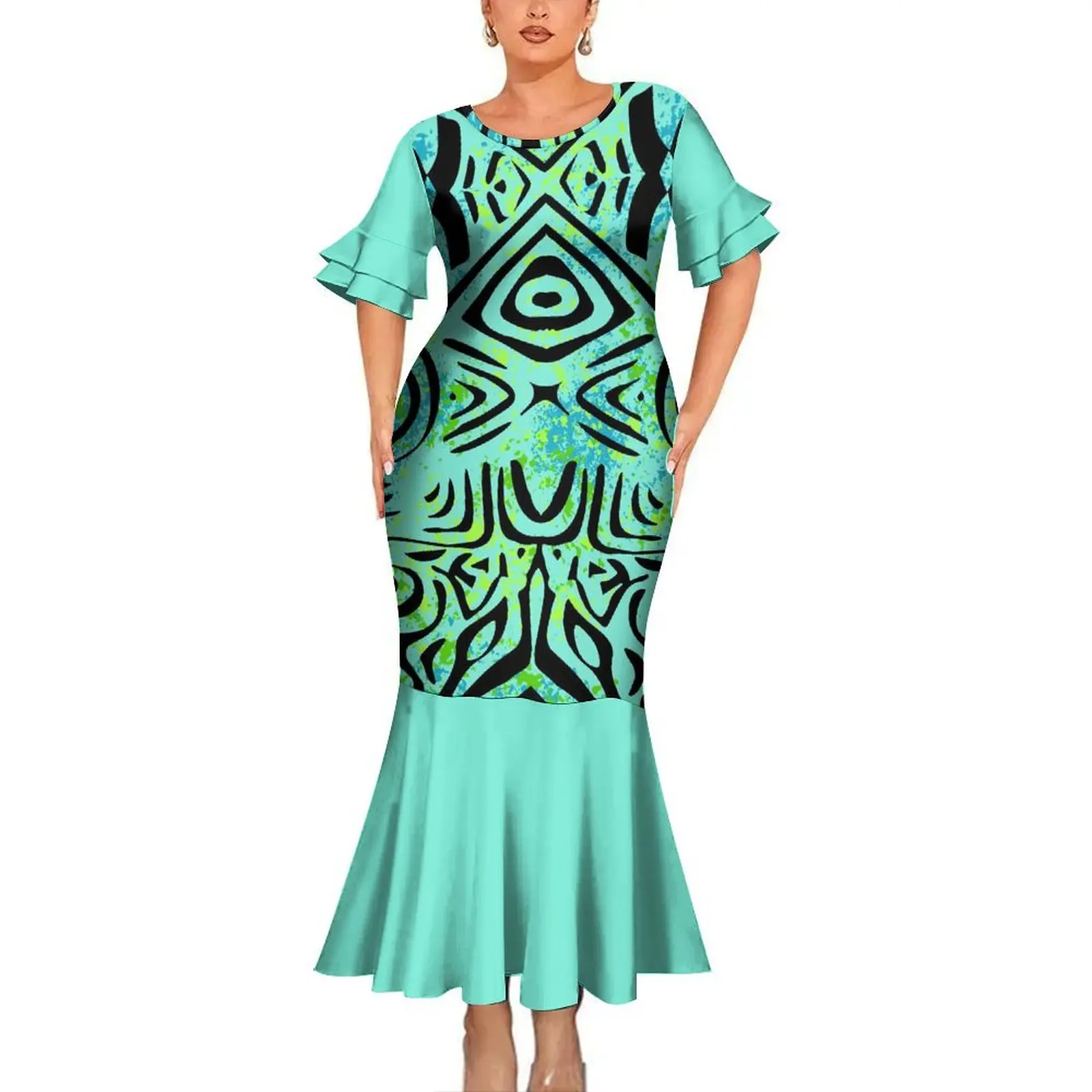 1MOQ Custom Your Logo Micronesia Dress Loose Puff Sleeve Dress Polynesian Plus Size Womens Dress