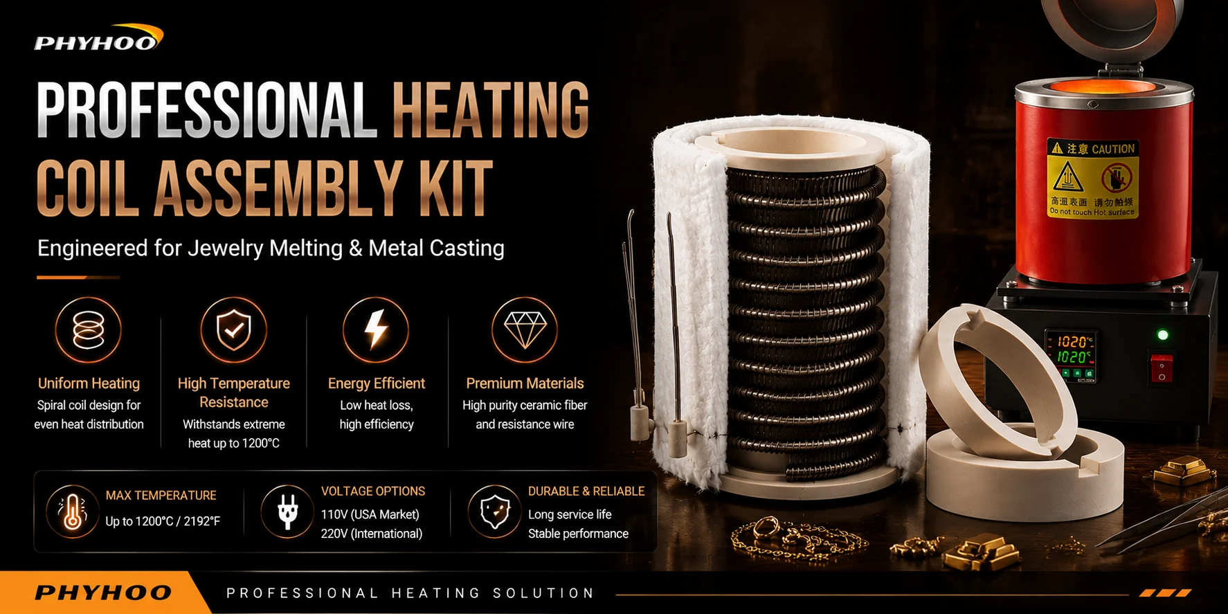 PHYHOO Electric Heating Coil Assembly Kit Jewelry Melting Furnace Ceramic Fiber Insulation Replacement Element Gold Silver