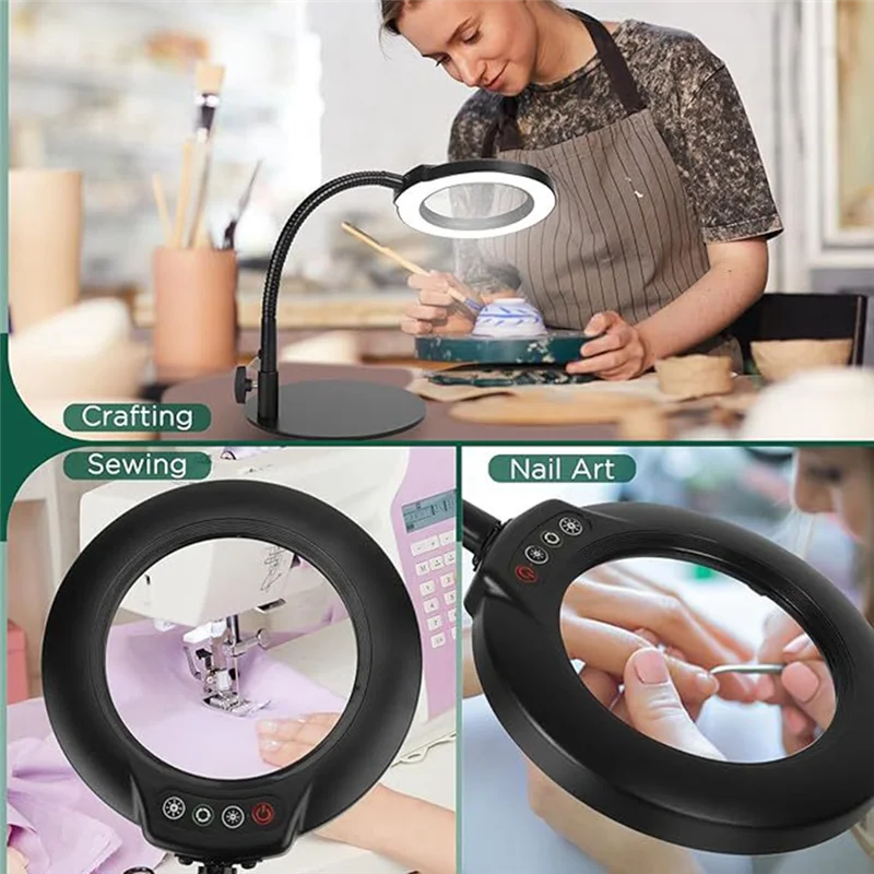 

MCGS-Flexible Gooseneck Lighted Magnifier With Stand 5 Color Modes Dimmable USB Reading Eye Protection Study Lamp