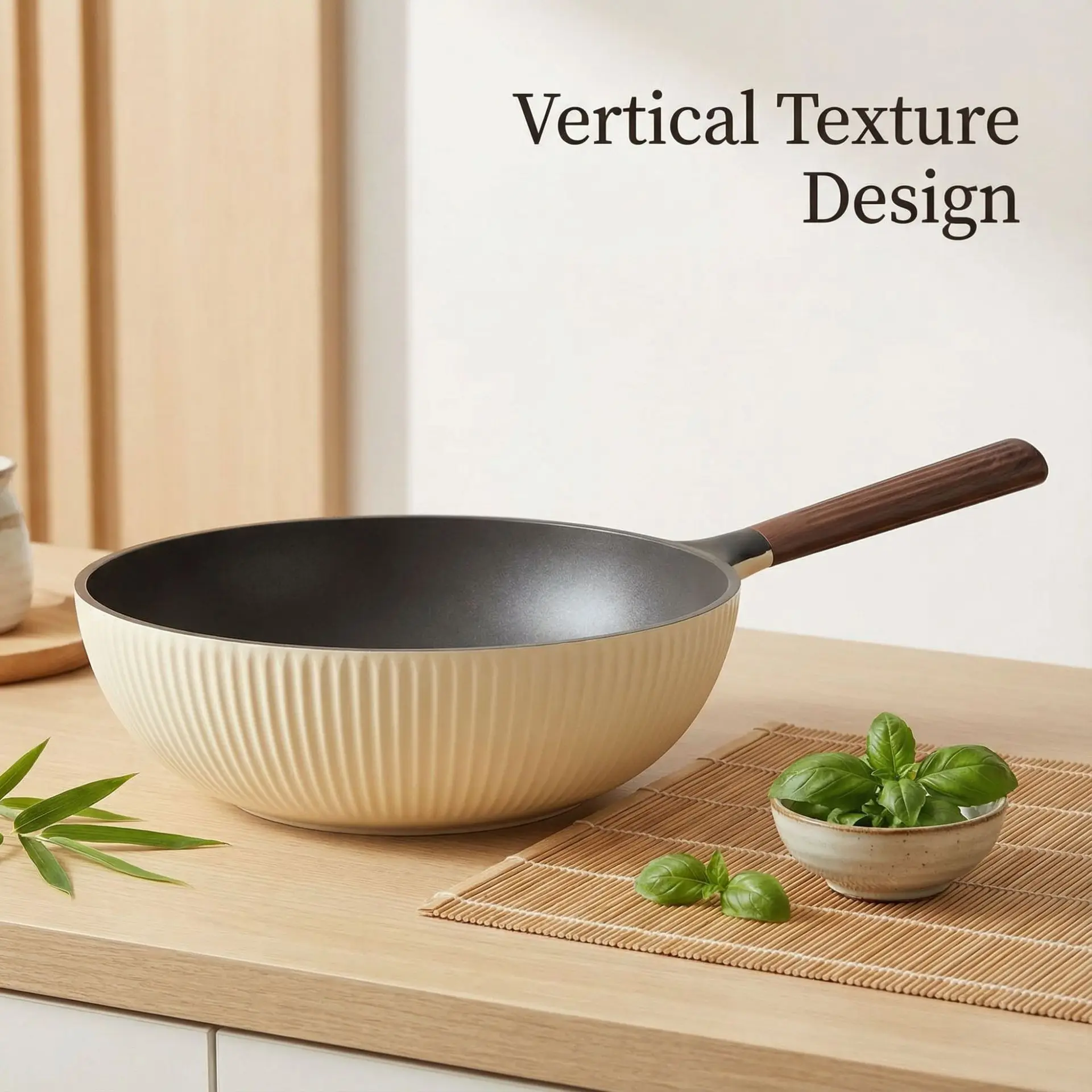 Solid color cookware set for home use, including a non-stick wok, suitable for induction cooktops, and a frying pan.