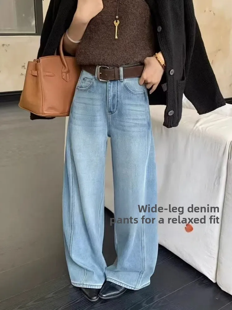 

Синие широкие джинсы с подкладкой Fce, женские зимние теплые свободные утягивающие повседневные джинсовые брюки с высокой талией, нож