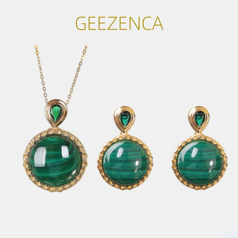 

GEEZENCA Natural Malachite 925 Silver Gold Plated Earrings Necklace Women Minimalism Geometirc Chic Jewelry Sets 2023 New Gift