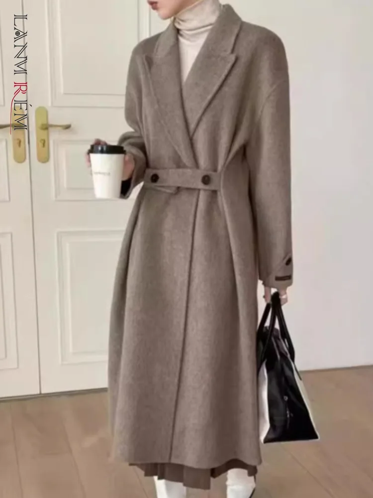 LANMREM High End Woolen Coats For Women Notched Collar Solid Color Gathered Waist Office Lady Fashion Coats 2024 Winter 2DB1098