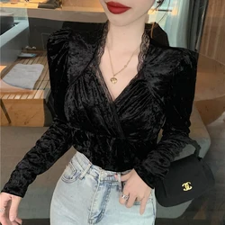 Autumn Bottoming Tops Women Velvet Spliced Lace Blouse New Elegant Fashion V-neck Long Puff Sleeve Shirt Clothes Blusas 29071