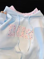 Pink Floral Letter Embroidery Drawstring Hooded Velvet Hoodie Women Sweatshirt Long Sleeve Korean Casual Winter Clothes Women