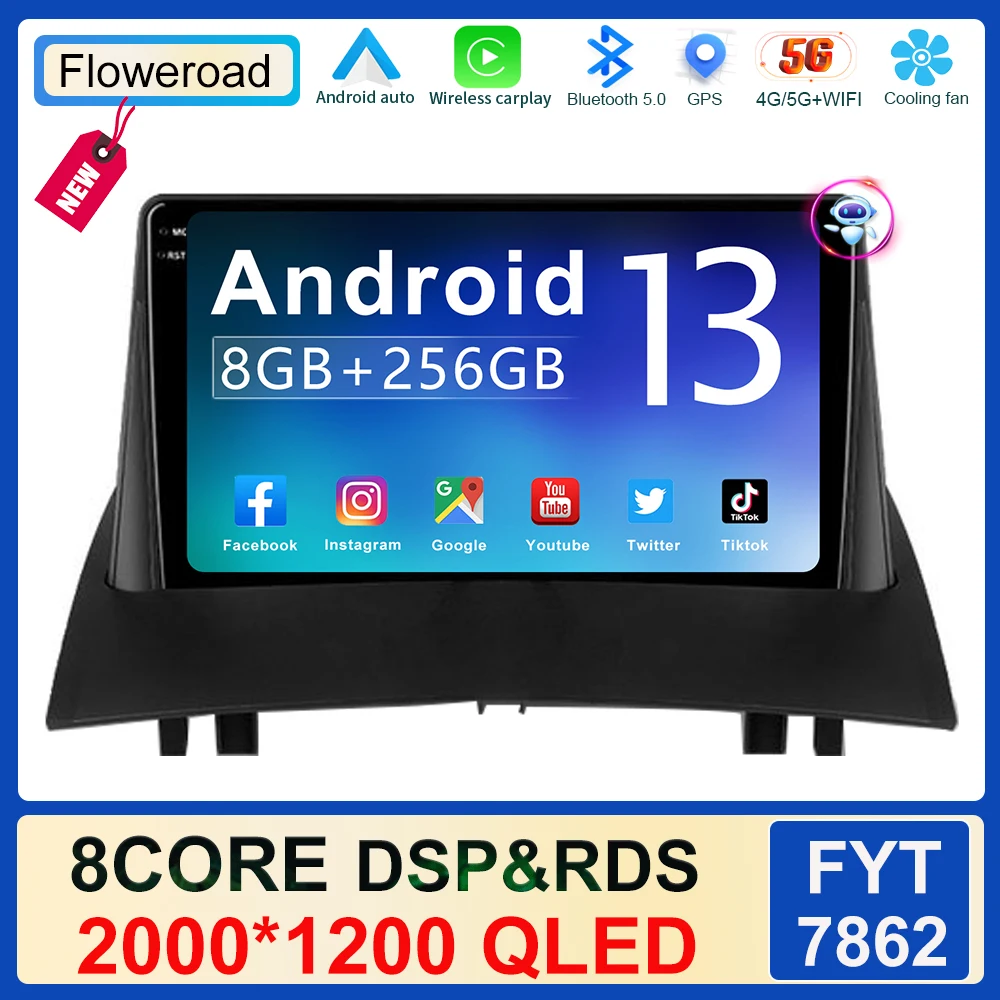 Schermo QLED 2000*1200 per Renault Megane 2 2002 - 2009 autoradio lettore Video multimediale navigazione GPS wireless android auto