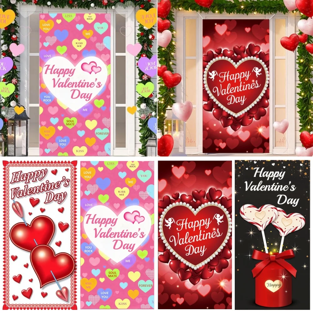 Valentine’s Day Door Cover Banner Front Door Decor Backdrop Romantic Red Love Heart Party Supplies Photo Photography Background