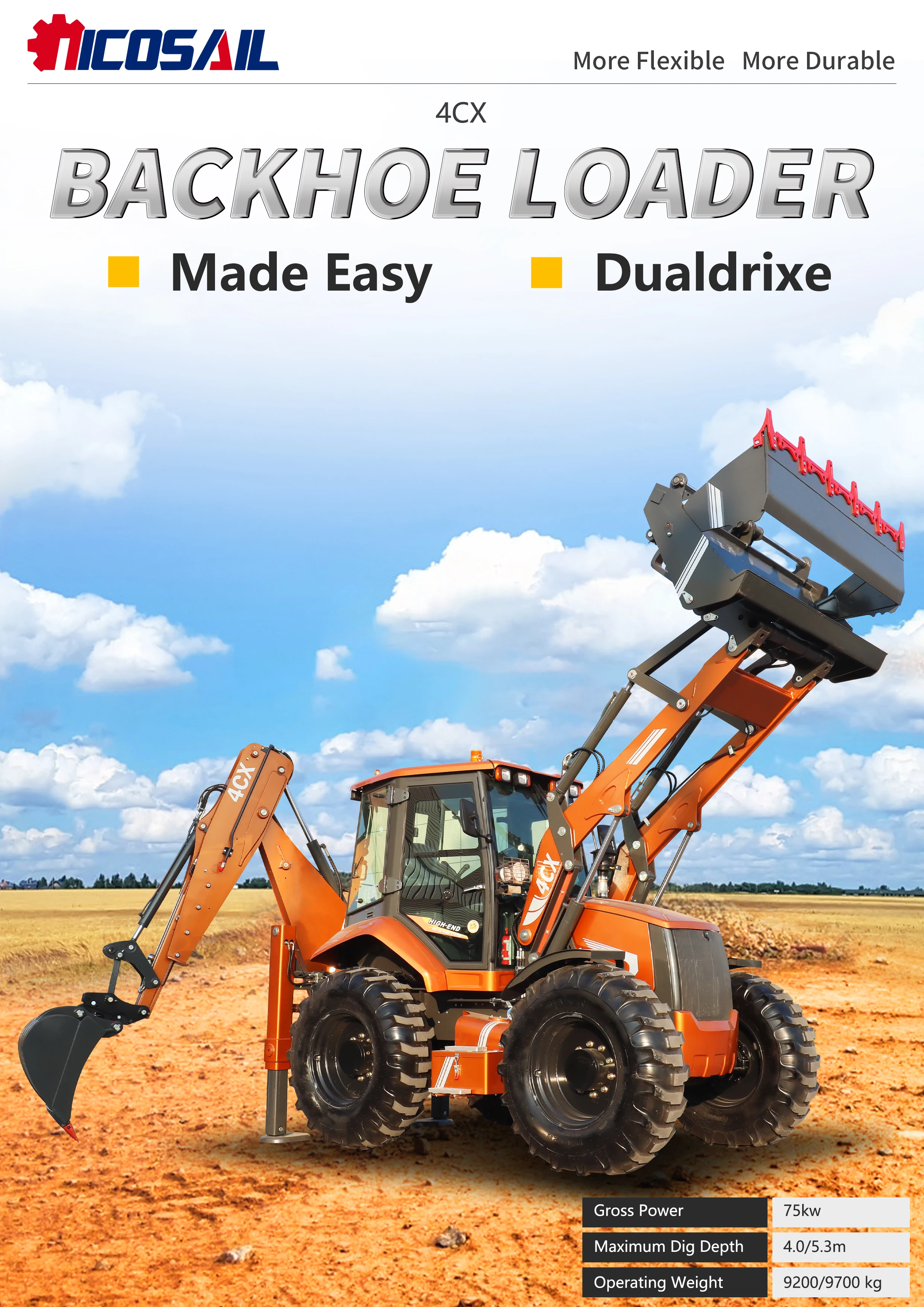 CE-zertifizierter 4CX Baggerlader mit 1,2 m³ Ladeschaufel, 0,3 m³ Baggerlöffel und 28 MPa Hydrauliksystem für Baumaschinen – Detail 2