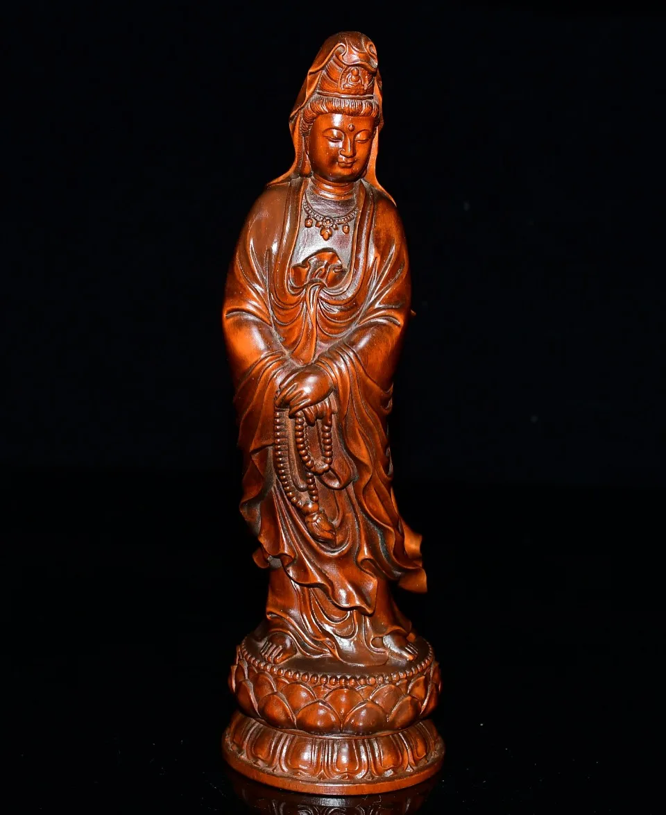 

8"Tibetan Temple Collection Old Boxwood Hand-carved Guanyin Bodhisattva Standing Buddha Worship Hall Town house Exorcism