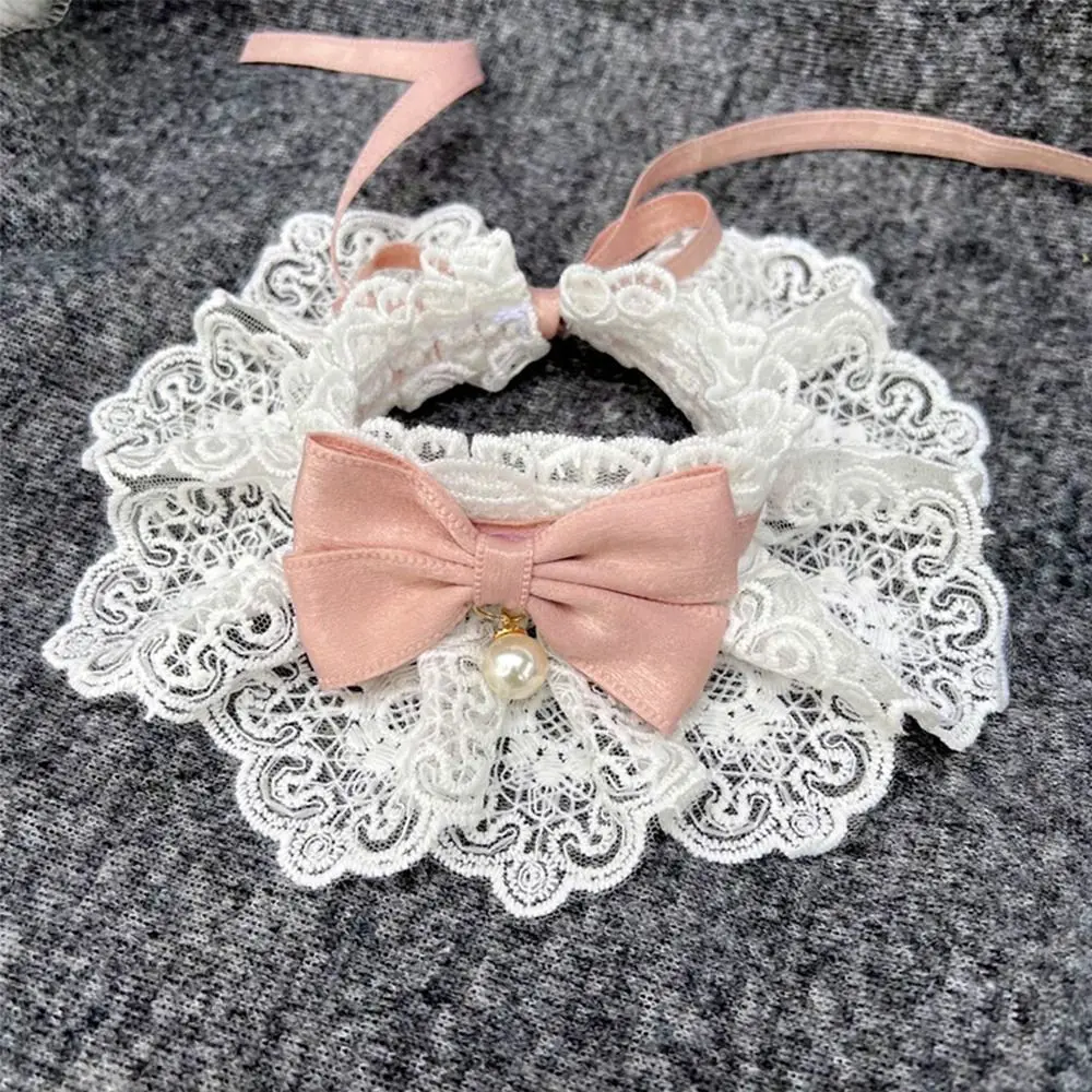 Adjustable Fashion Cat Necklace Dog saliva towel Lace Bowknot Puppy String Bib Pearl Collar Dog Neckerchief