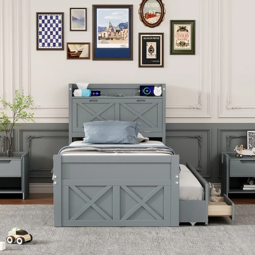 Storage headboard with socket, expandable bed with twin trailer, three storage drawers Versatility design Space-saving