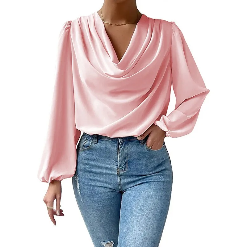 Elegant Women's Shirts Fashion Blouse 2024 Spring Summer Chiffon Loose Draped Pile V-Neck Top Office Lady Solid Streetwear Shirt