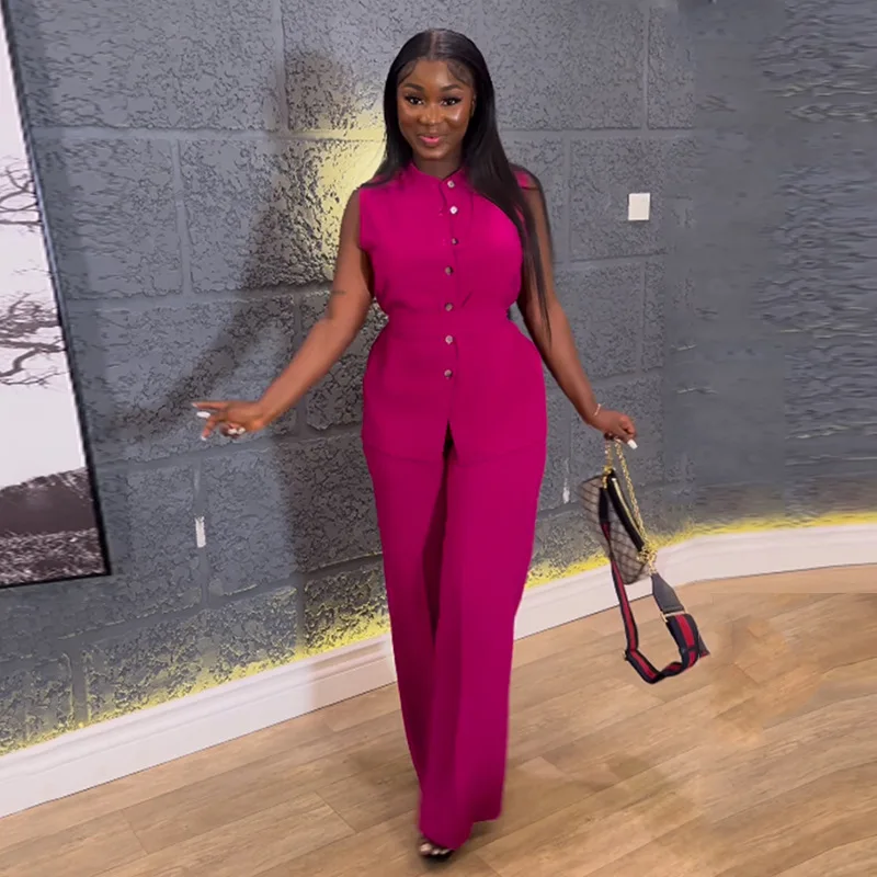 

New stand-up collar breasted sleeveless waist lace-up top wide-leg trousers suit fashionable simple and versatile temperament el