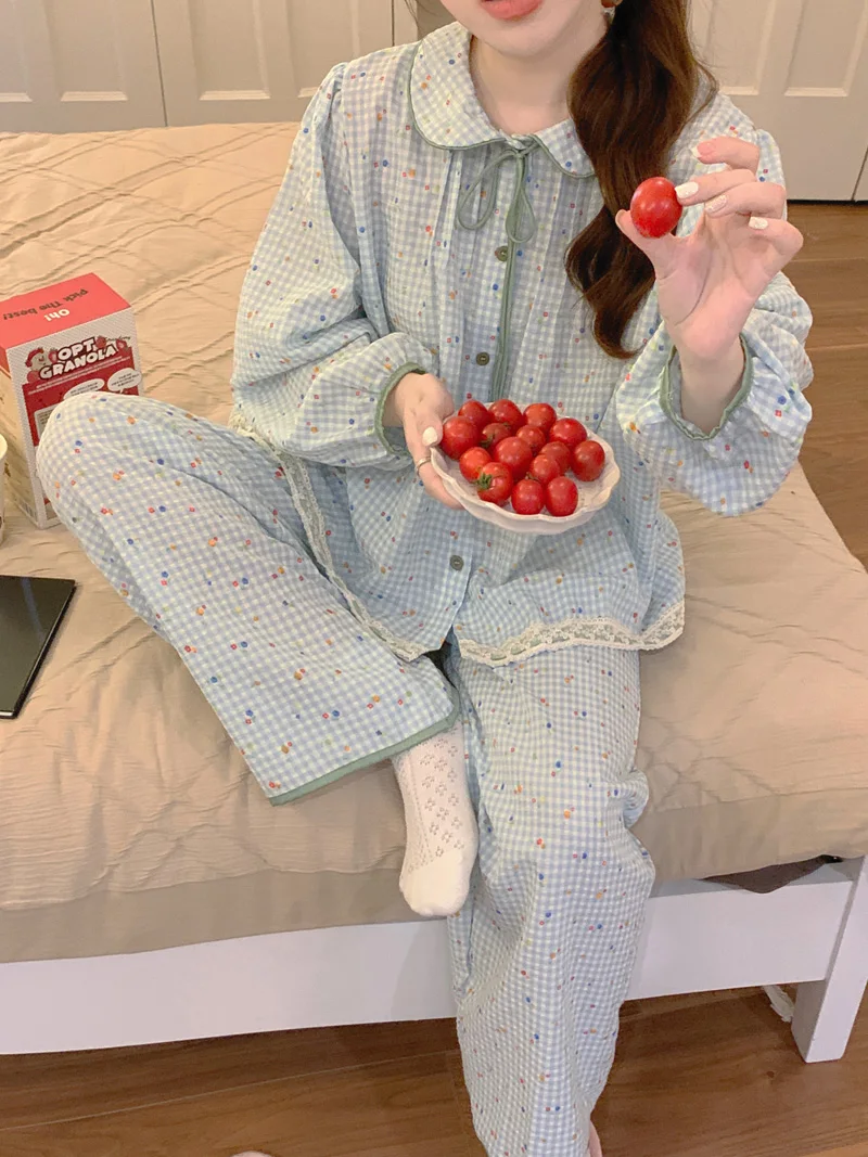 Cherry Print Dot Autumn Pajamas Set Women Peter Pan Collar Shirt + Trousers Casual Cotton Sweet Two Piece Home Suit Kawaii Korea