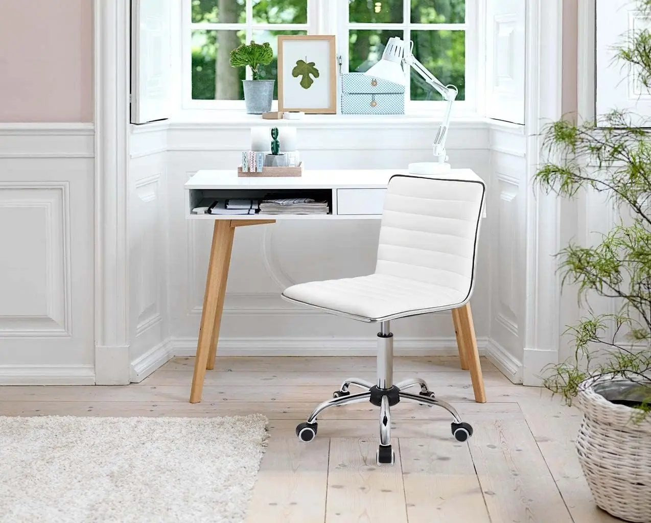 Mid Back Vanity Chair for Makeup Room, Low Back PU Leather Swivel Computer Desk Chair, Task and Office Chair Retro (White)