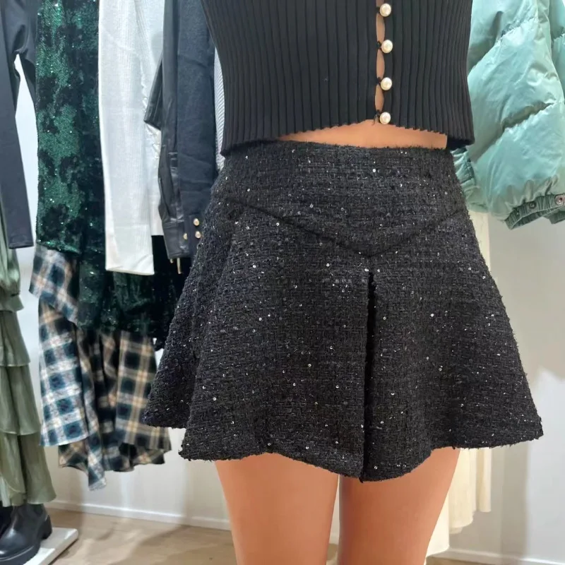 Black Skirt Early Spring Classic Trouser Skirt Sequin Embellishment Overlay Tweed Trouser Skirt for Women